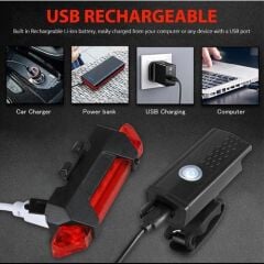 AQY 300 Lümen Usb Şarjlı Bisiklet Ön Arka Far Stop Işık Seti